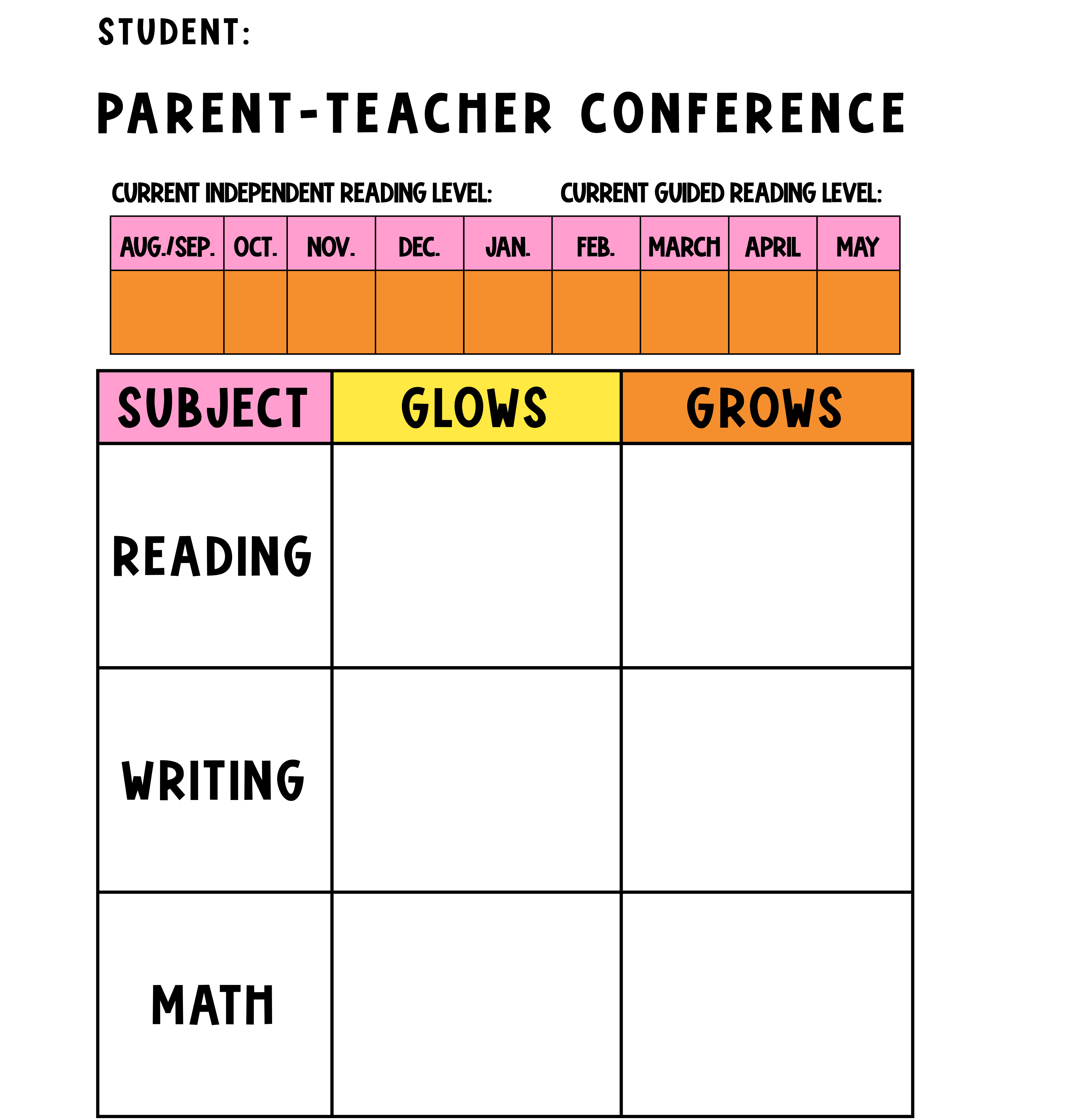 One Sheet Front and Back Glows and Grows Parent-Teacher Conference Form